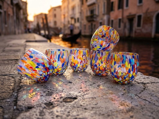 Set di 6 bicchieri in vetro soffiato veneziano con murrine Effetre Murano fuse nel vetro, hand made in italy.