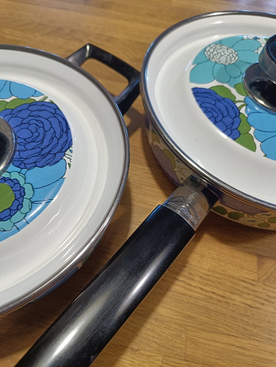 Image 1 of Vintage Italiaanse emaille kookgerei set – Moneta, jaren 70, bloemenmotief