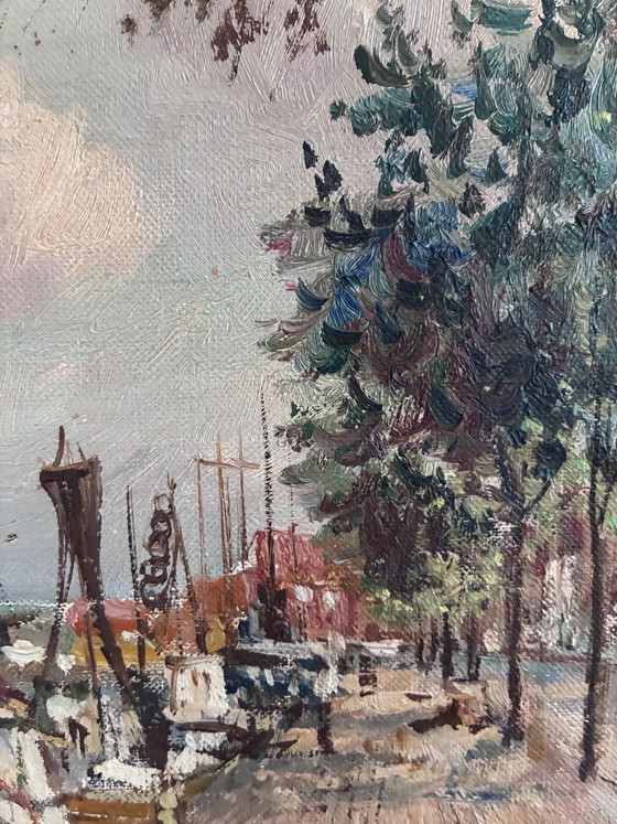 Image 1 of Pintura al óleo original de época que representa un puerto escandinavo.