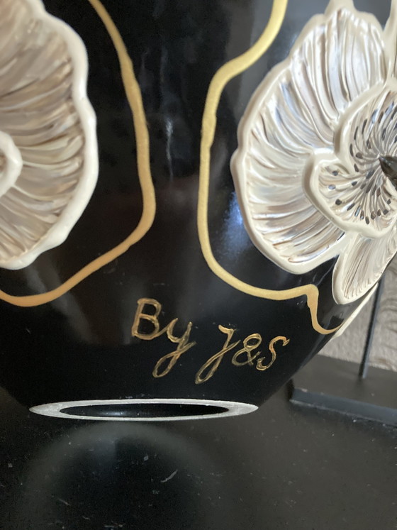 Image 1 of Hand-Painted Vase Black&White Poppy 3D Flowers ByJ&S
