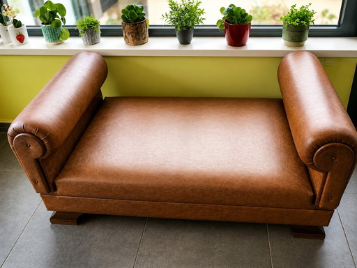 Vintage retro tweezitbank / loveseat in cognac kunstleer