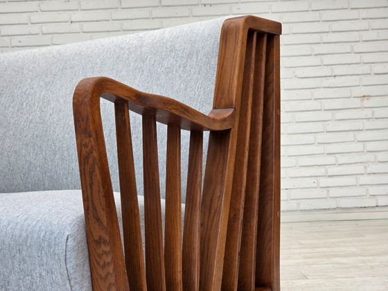 Image 1 of 1950s, Scandinavian 2-seater sofa, reupholstered, furniture wool, oak.