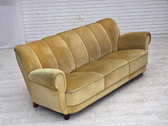 1960s, Danish 3-seater sofa, light green furniture velour., 3-5 seaters, Velvet, Wood, Vintage (photo 15 of 15)