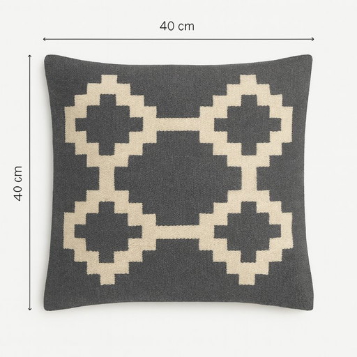 Handmade Egyptian Wool Cushion Cover "Senon" - 40×40 cm - Gray & Cream - With Zipper - Excluding Inner Cushion