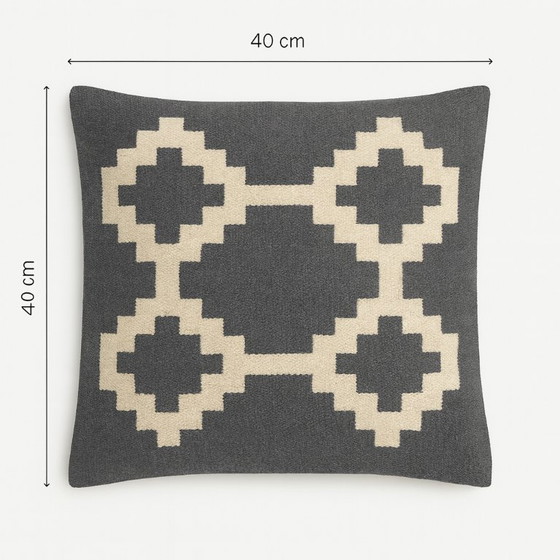 Image 1 of Funda de cojín de lana egipcia hecha a mano “Senon” – 40×40 cm – Gris y crema – Con cremallera – No incluye cojín interior