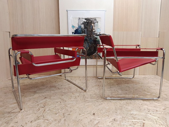 Image 1 of KNOLL Studio Set van 2 WASSILY B3 fauteuils (NIEUW) in rood leer