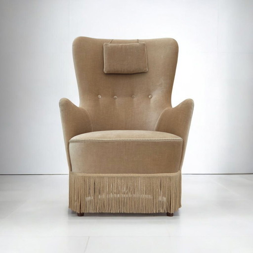 Fauteuil danois des années 1960 en velours d'ameublement vert/brun, état d'origine