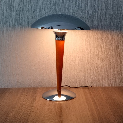 Mushroom Table Lamp - Chrome - Wood - 1980'S