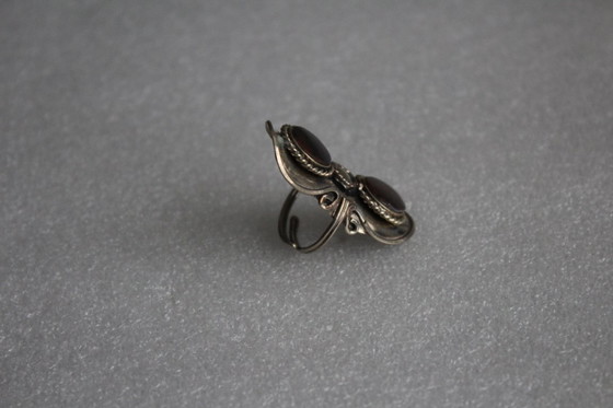 Image 1 of Large boho statement ring, handmade from alpaca silver with 2 small brown round semi-precious stones. Adjustable size.