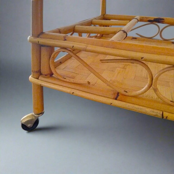 Image 1 of 1960s Exquisite Italian Bamboo & Rattan Bar Cart by Franco Albini - Mid Century Trolley