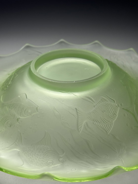 Image 1 of August Walther & Söhne “Arabella” Uranium Glass Centerpiece Bowl – Art Deco Fish Decor – 1930s Germany