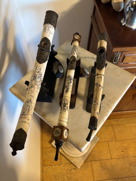 Drie antieke opium pijpen – Decoratieve objecten, Metaal, Hout (photo 4 of 5)