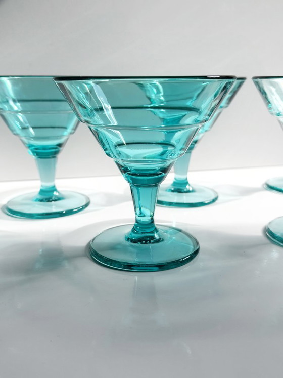5 Vintage Dessertschalen van Turkoois Glas, Italië Jaren 80, Art Deco Revival – Servies (photo 5 of 5)