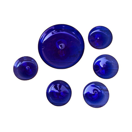 Kobalt glazen dessert set - 5 kopjes + kom | Tsjecho-Slowakije, jaren 1960