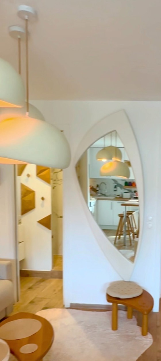 Image 1 of Very large unstructured Space Age wall mirror in wood. France, 1970s