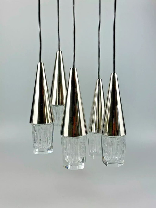 60er 70er Jahre Hängelampe Kaskadenlampe 5-flammig Glas & Chrom Space Age Design