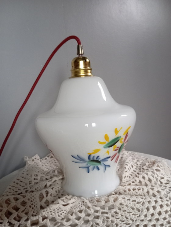 Image 1 of White Opaline Hanging lamp Floral design, 60'S