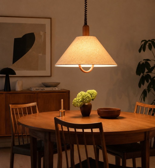 Domus hanglamp Denemarken, jaren 70 Scandinavisch design Teak – hanglampen, Wood, Textile