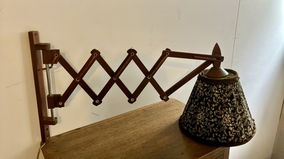 Deense Vintage Schaarlamp Met Originele Stoffen Kap – Wandlampen, Textile, Wood (photo 6 of 7)