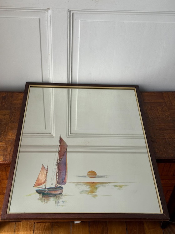 Image 1 of Coppia di specchi vintage con decorazione a forma di barca a vela, atmosfera marina, anni '70/'80