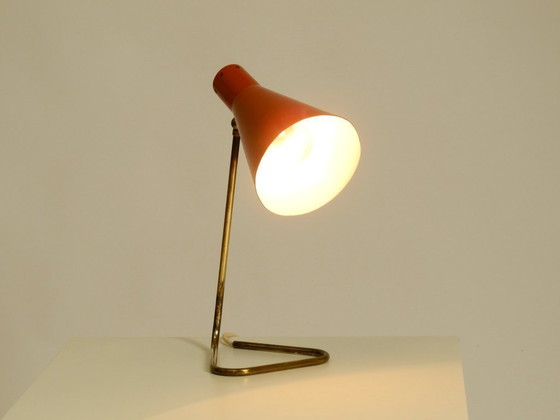 Image 1 of Beautiful, Large Mid-Century Modern Brass Table Lamp with a Brick-Red Shade