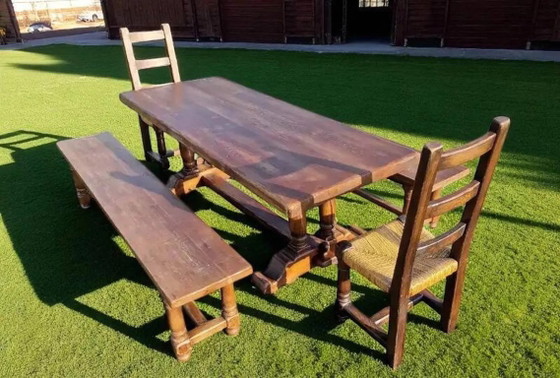 Old Farmhouse Dining Table, 2 Benches, 2 Chairs – Dining set, Wood, Wicker (photo 2 of 6)