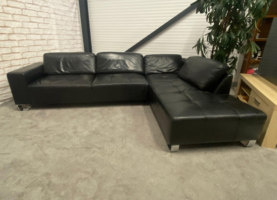 Image 1 of Beautiful Black Real Leather Corner Sofa