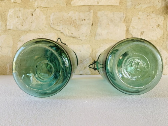 Image 1 of Vintage Franse potten in smaragdgroen glas van L'Ideale, jaren 1940, set van 2