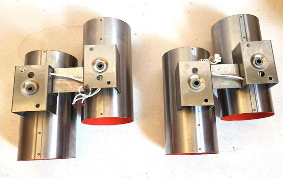 Image 1 of Paar doppelte orangefarbene Oxar Space Age Wandleuchten, 1970er Jahre