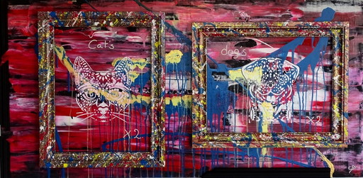Abstract painting with cat and dog motifs