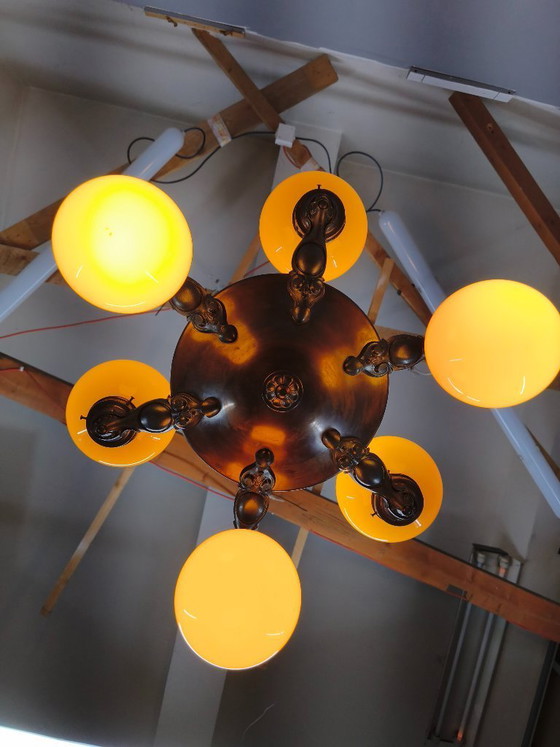 Image 1 of Lustre Art Déco tchèque en laiton et verre crème, années 1920