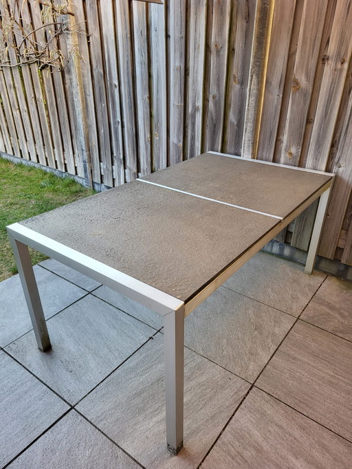 Table de jardin en acier inoxydable avec plateau en pierre