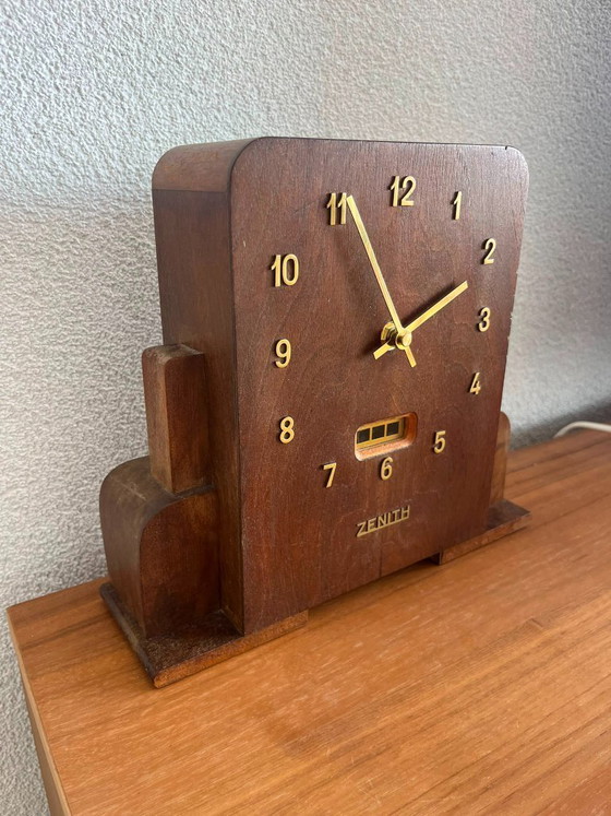 Image 1 of Tirelire-horloge Art Déco Zenith – Pendule de cheminée suisse en bois – Années 1930