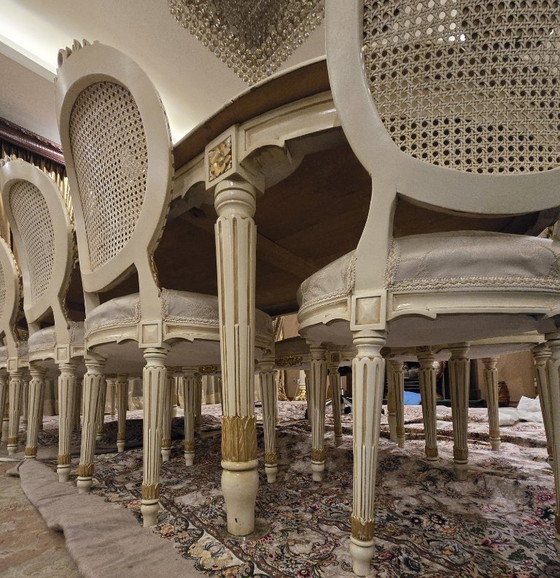 Image 1 of Grand Louis XVI Style Dining Suite: Large Oval Table & 10 Medallion Chairs (Solid Walnut)