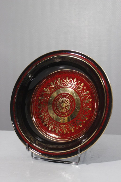 Libero Cellarosi grand plat décoratif céramique réhaussée or Italie 1970s