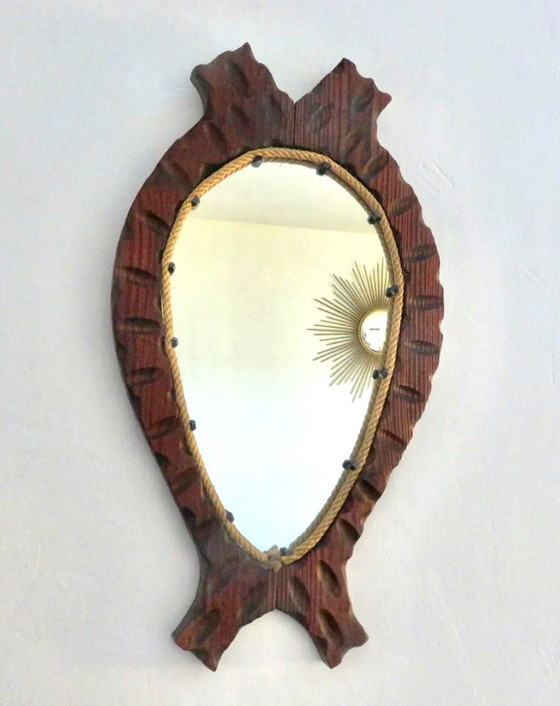 Image 1 of Specchio brutalista in legno e corda, forma libera