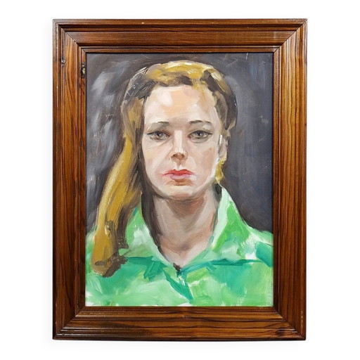 Retrato "La Mujer de Verde" óleo vintage sobre cartón entelado con marco de madera.