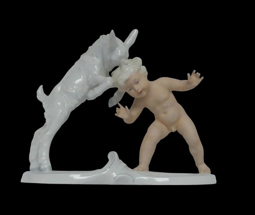 Schaubach art deco porcelain figurine putto with goat UK1aEb