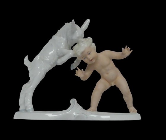 Image 1 of Schaubach art deco porcelain figurine putto with goat UK1aEb