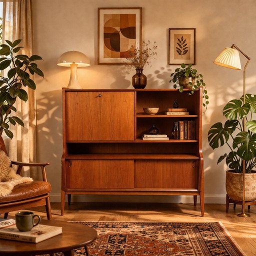 Teak-Highboard aus der Mitte des 20. Jahrhunderts von Oswald Vermaercke – Klappschrank mit originaler grüner Innenausstattung