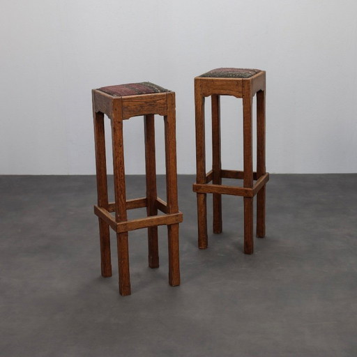 Paar niederländische Art-Deco-Barhocker aus Eiche mit gepolsterten Sitzen, 1930er Jahre – barkrukken, Wood