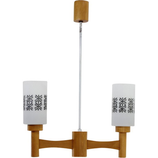 Vintage hanglamp van hout en glas, Tsjecho-Slowakije 1980