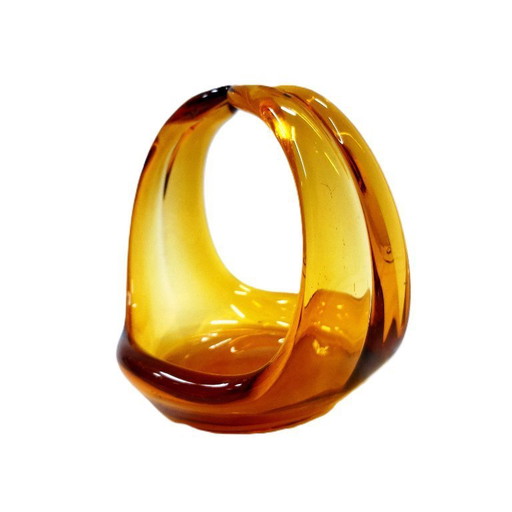 Vintage Amber Glazen Mand – Sculpturale Snoepkom / Middelpunt