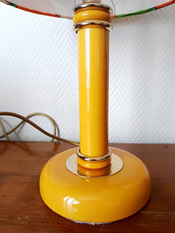 Image 1 of Lampe céramique jaune et abat jours aux oranges vintage 