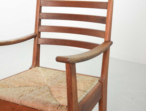 Image 1 of Very Rare Single Bas van Pelt Brutalist Oak Armchair with Woven Rush Seat for My Home. The Netherlands, 1940s.