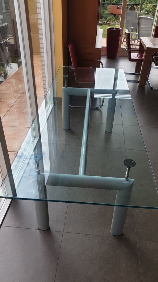 Glass dining table metal base Cassina LC 6 Le Corbusier