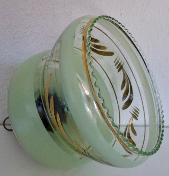Image 1 of Plafonnier Art Déco, suspension en verre, années 1930, suspension en verre vert clair avec bande dorée, abat-jour pagode.