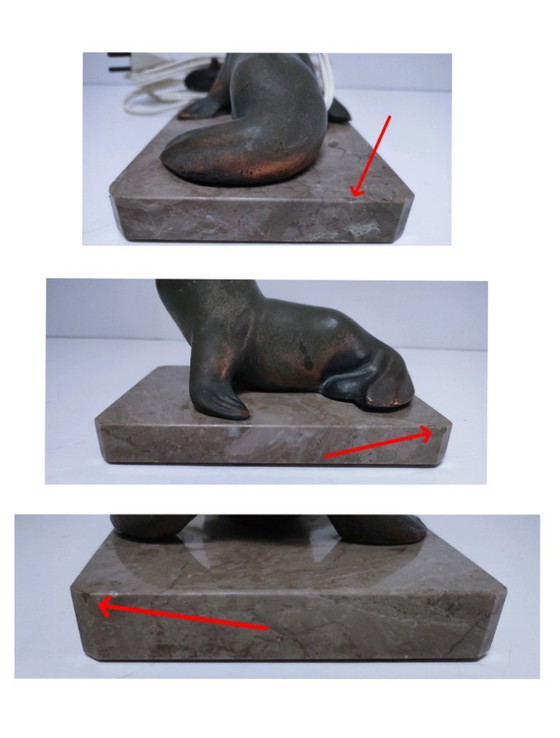 Image 1 of Art Deco sea lion lamp, marble, opaline metal