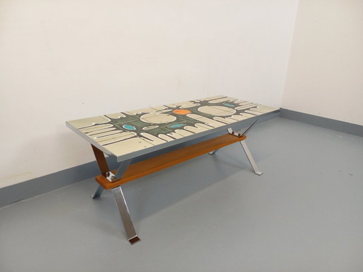 Vintage coffee table from the 60s and 70s in ceramic, chrome metal and wood