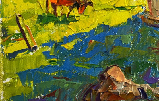 Image 1 of Original Oil Painting Summer Village Landscape Work silence under the evening sky